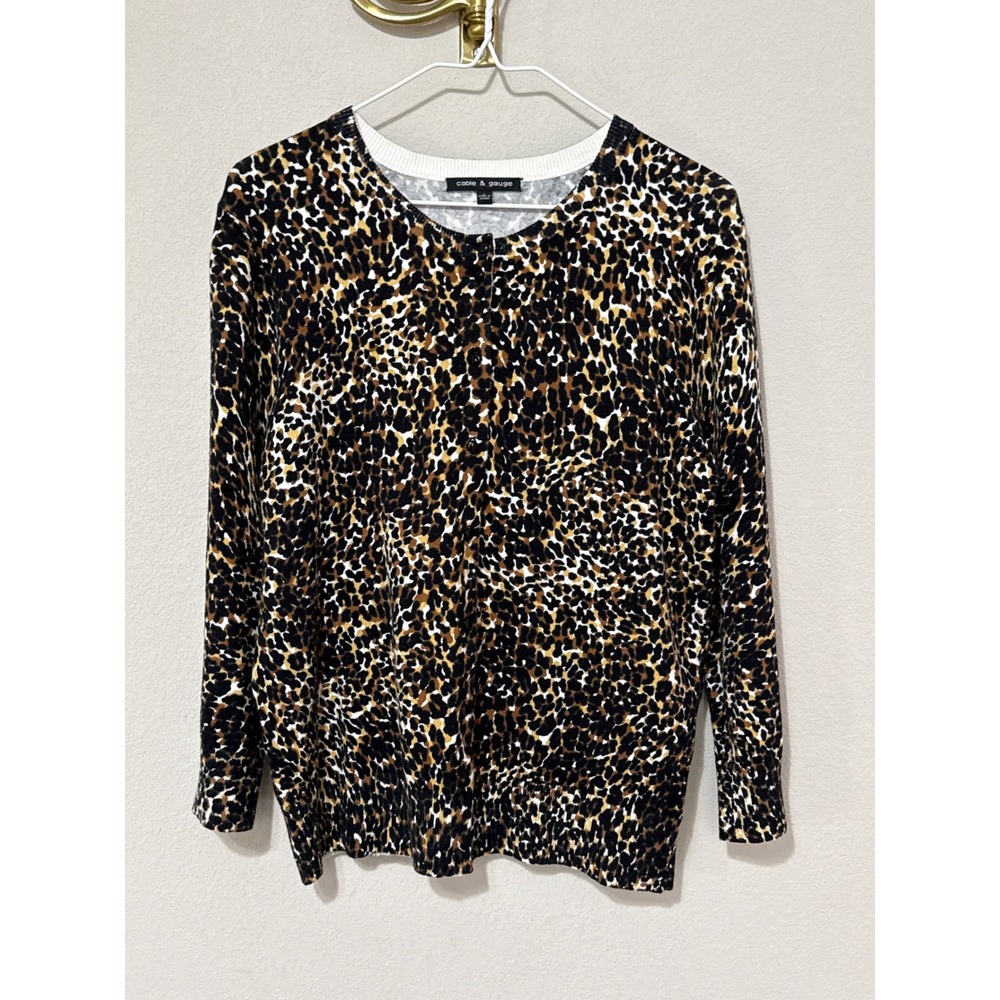 Cable & Gauge Cardigan Women Large Brown Leopard Print Button Front Sweater